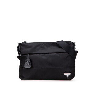 Prada triangular logo plaque crossbody shoulder bag black nylon leather
